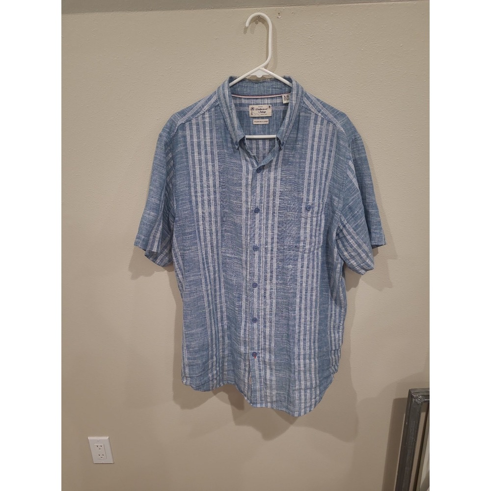 Weatherproof Vintage Washable Linen Blend Blue plaid camp shirt Men's SZ XL